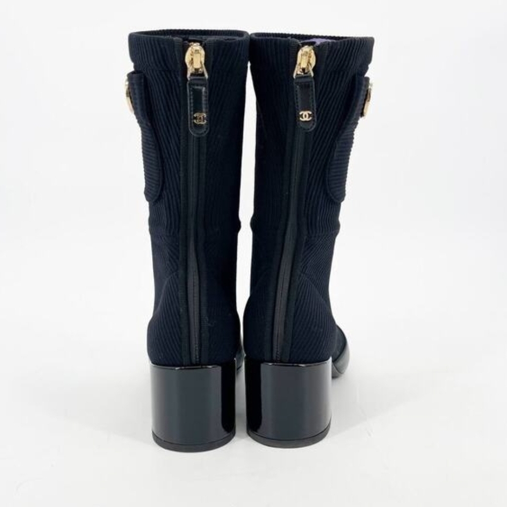 Chanel 2022 Black Knit 8 Logo Patent Cap Toe Mid Heel Sock Booties EU 37.5 - Picture 5 of 9